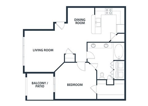Floor plan for 1 bed, 1 bath, 750 sqft